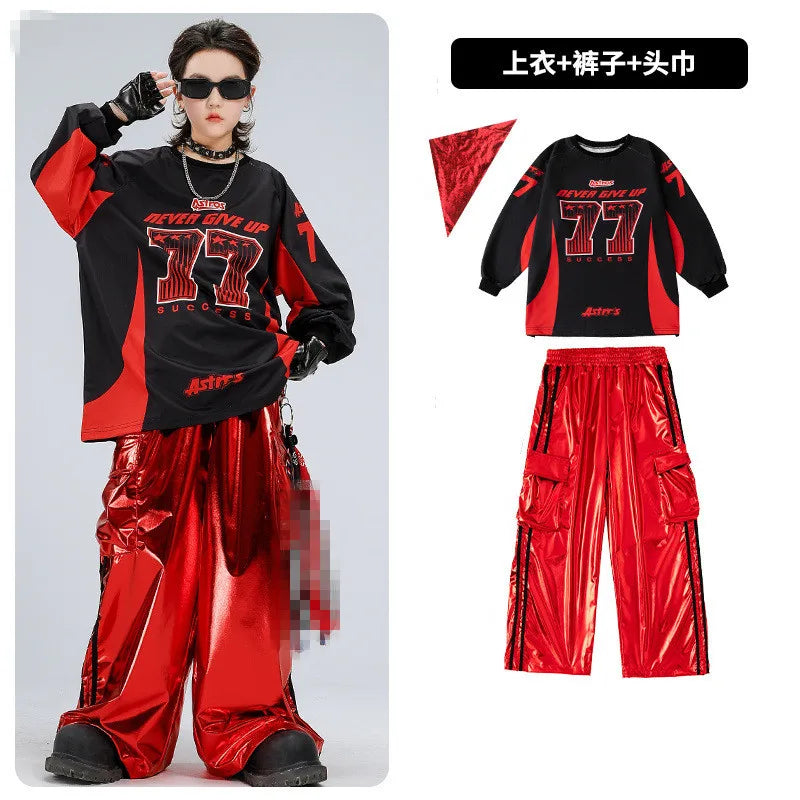 Boys Hip Hop Sweatshirt Shiny Vest Street Dance Cargo Pants Girls K-pop Clothes Set Kid Hip Hop Jazz Costume Children Streetwear otakupop.store