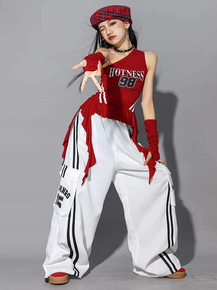 Hip Hop Girls One-shoulder Crop Top ‌Balloon Skirt Cargo Pants Children Streetwear Girl Group Costumes Kids K-pop Clothes Sets otakupop.store
