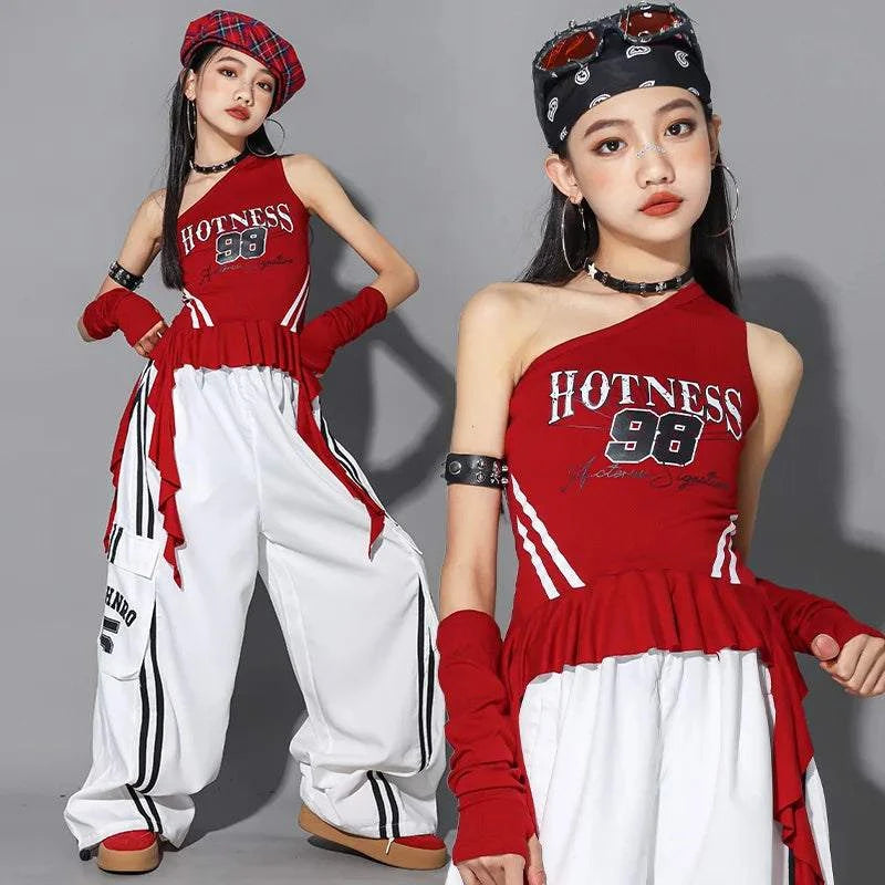 Hip Hop Girls One-shoulder Crop Top ‌Balloon Skirt Cargo Pants Children Streetwear Girl Group Costumes Kids K-pop Clothes Sets otakupop.store