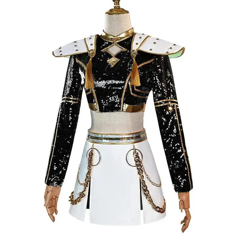 Femme en costume cosplay Rumi Zoey Demon Hunters K-pop avec perruque et tenue complète tailles variées