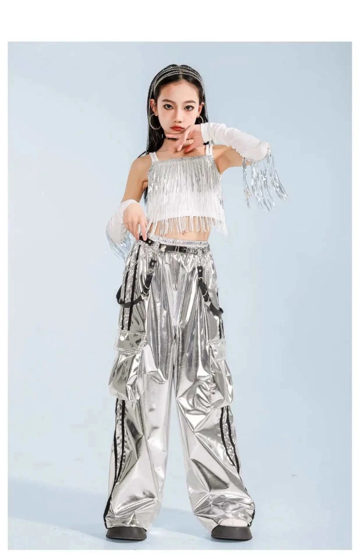 Hip Hop Clothing Girl Crop Sequined T-shirts Girls White Pants K-pop Hot Shorts Kids Streetwear Child Jazz Dance Clothes Set otakupop.store