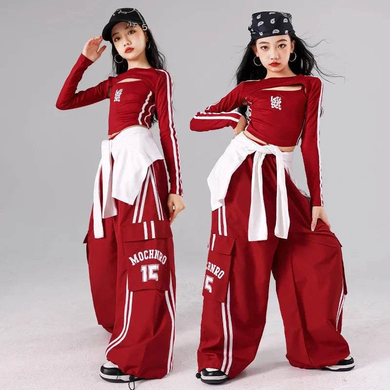 Girls K-pop Crop Top Joggers Cargo Pants Children Hip Hop Streetwear Girl Group Clothes Sets Kids Street Dance Jazz Costumes otakupop.store