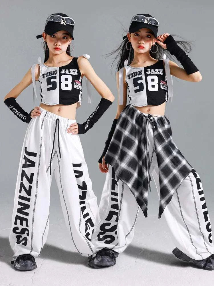 Hip Hop Girls One-shoulder Crop Top ‌Balloon Skirt Cargo Pants Children Streetwear Girl Group Costumes Kids K-pop Clothes Sets otakupop.store