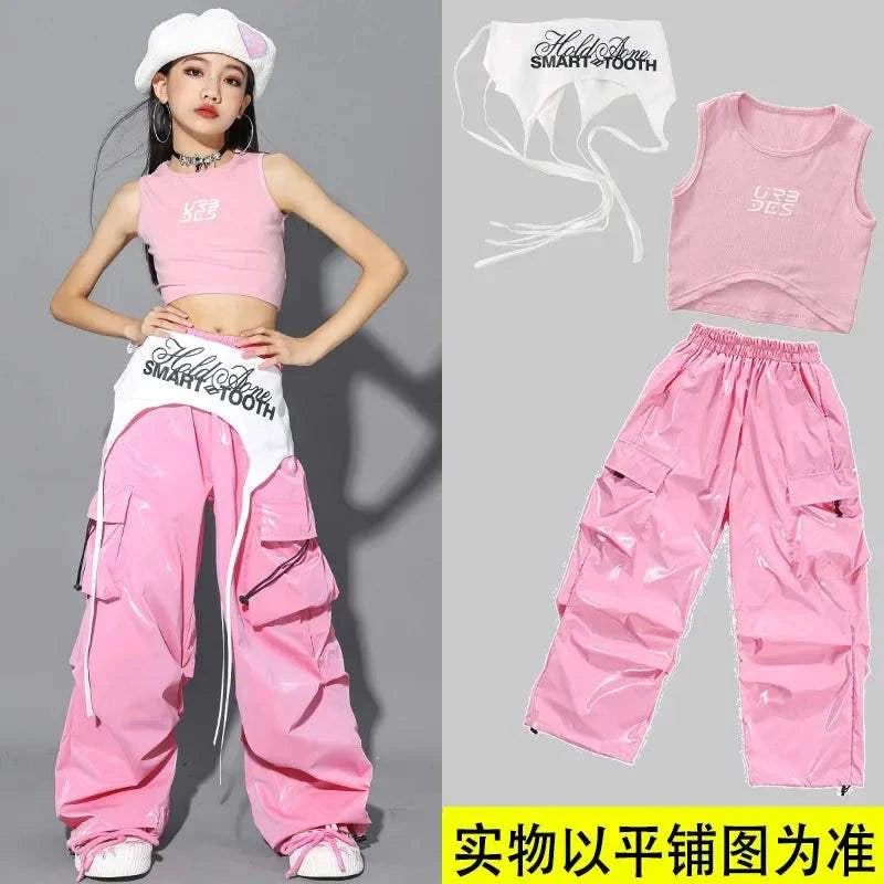 Jazz Dance Clothes For Girls Kpop Outfit Hip Hop Performance Wear Pink Shuffle Pants Kid Street Dance Show Fashion Suit New otakupop.store