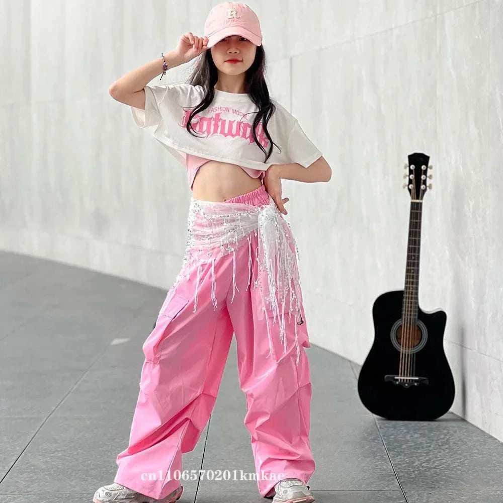 Jazz Dance Clothes For Girls Kpop Outfit Hip Hop Performance Wear Pink Shuffle Pants Kid Street Dance Show Fashion Suit New otakupop.store