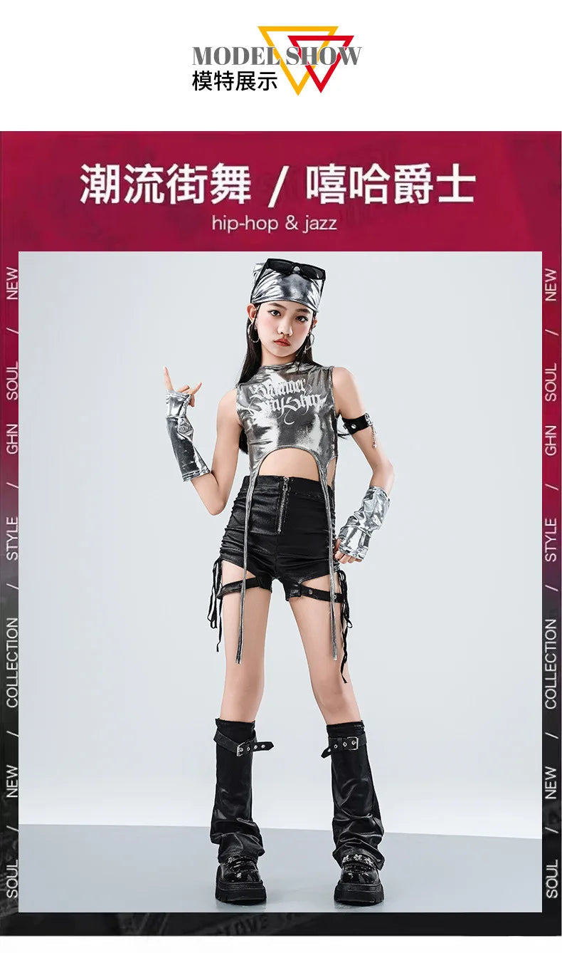 Girls Hip Hop Sets K-pop Silver Riband Crop Top Street Dance Leather Pants Kids Streetwear Child Jazz Costume Girl Group Clothes otakupop.store