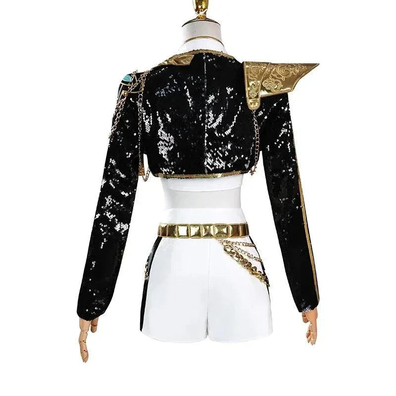 Femme portant costume cosplay Rumi Zoey complet Demon Hunters K-pop avec perruque et tenue tailles XS à XXXL et enfant 110-150