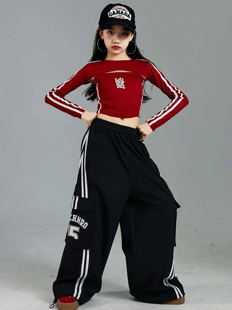 Girls K-pop Crop Top Joggers Cargo Pants Children Hip Hop Streetwear Girl Group Clothes Sets Kids Street Dance Jazz Costumes otakupop.store