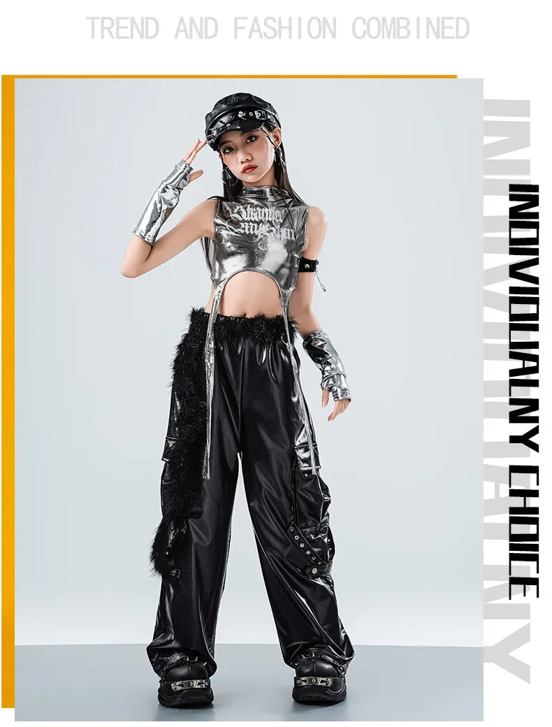 Girls Hip Hop Sets K-pop Silver Riband Crop Top Street Dance Leather Pants Kids Streetwear Child Jazz Costume Girl Group Clothes otakupop.store