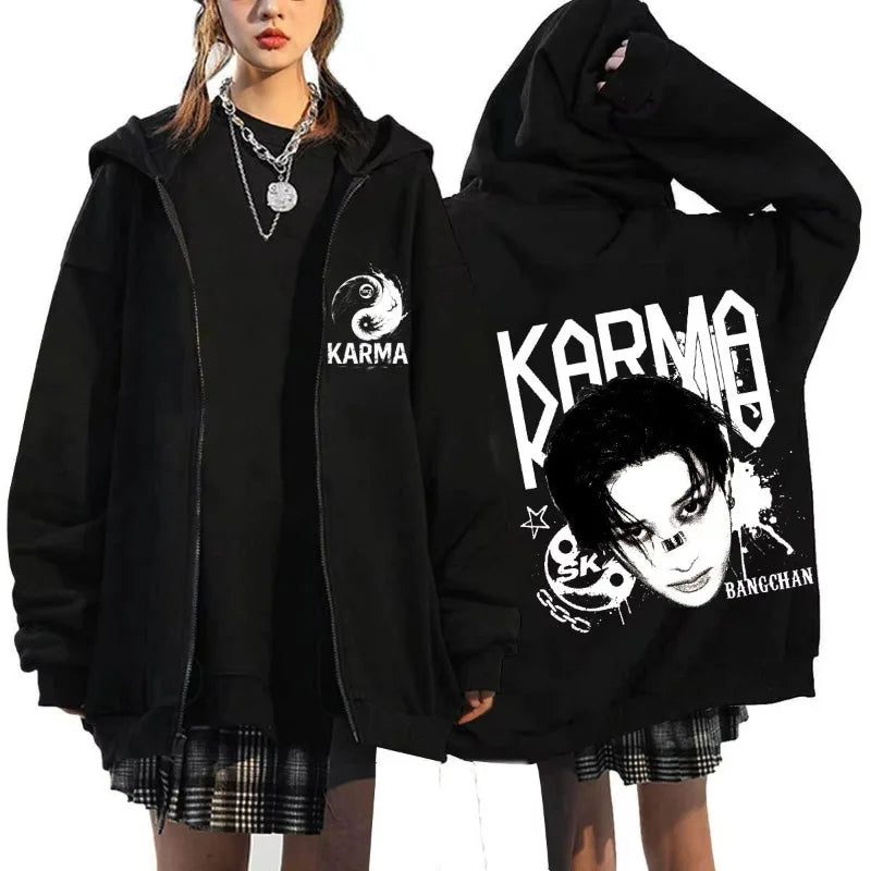 KPOP The 4th Album KARMA FELIX HAN BANGCHAN CHANGBIN HYUNJIN SEUNGMIN LEE KNOW Zip Up Women/Men Hoodie Sweatshirt Couple Clothes otakupop.store