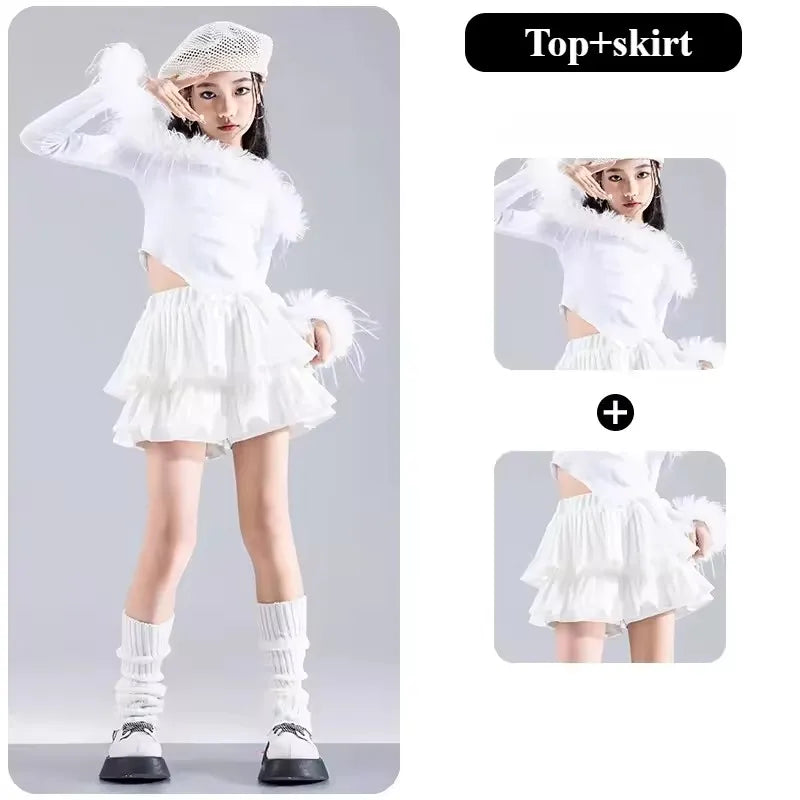 Girls Jazz Dance Performance Suit Kids Hip Hop Stage Wear Kpop Fashion Clothes White Coat Jacket White Pants Steetwear otakupop.store