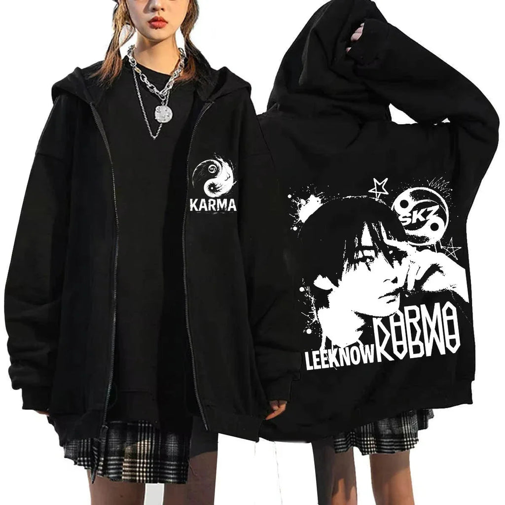 KPOP The 4th Album KARMA FELIX HAN BANGCHAN CHANGBIN HYUNJIN SEUNGMIN LEE KNOW Zip Up Women/Men Hoodie Sweatshirt Couple Clothes otakupop.store