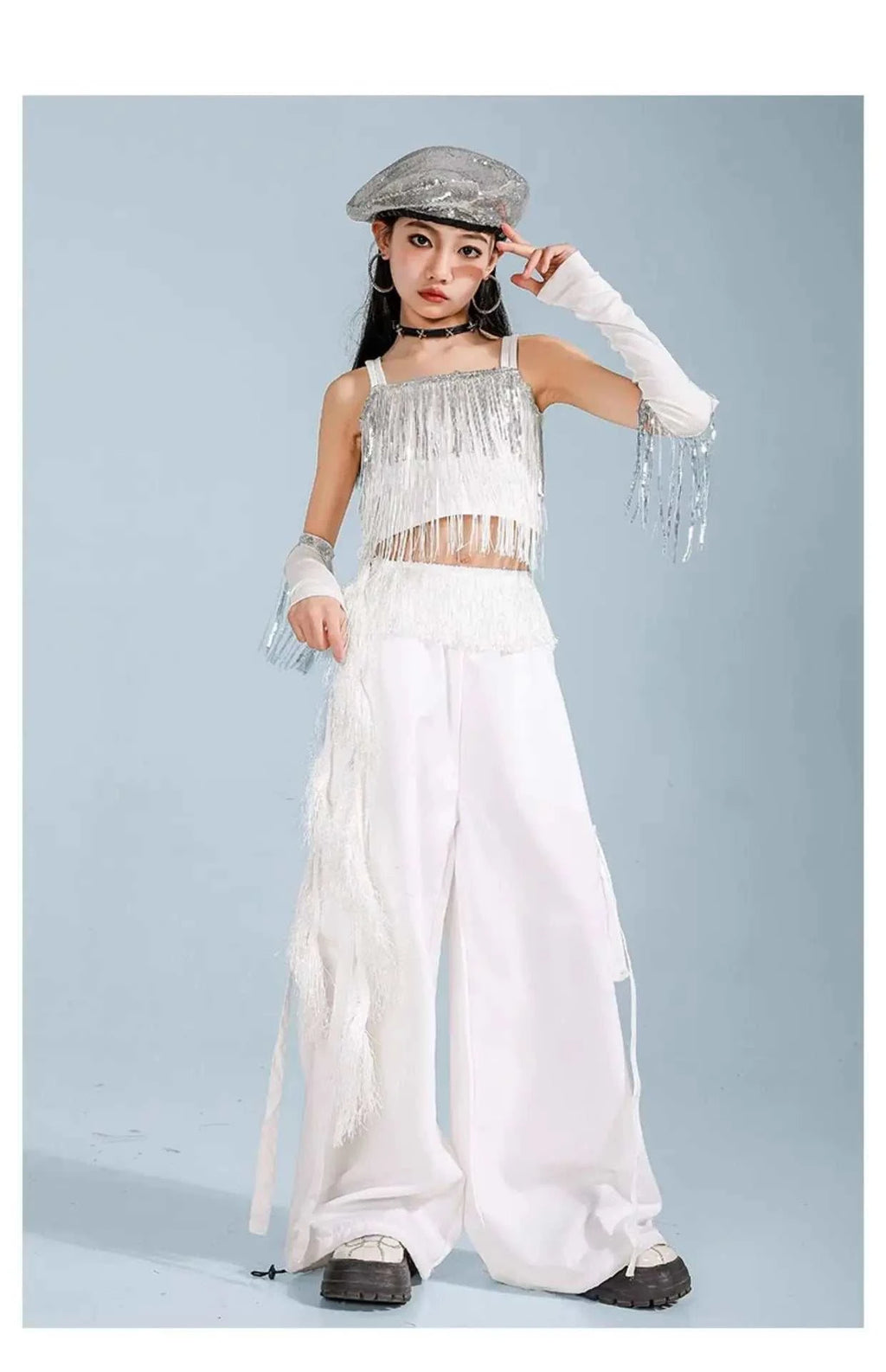 Hip Hop Clothing Girl Crop Sequined T-shirts Girls White Pants K-pop Hot Shorts Kids Streetwear Child Jazz Dance Clothes Set otakupop.store