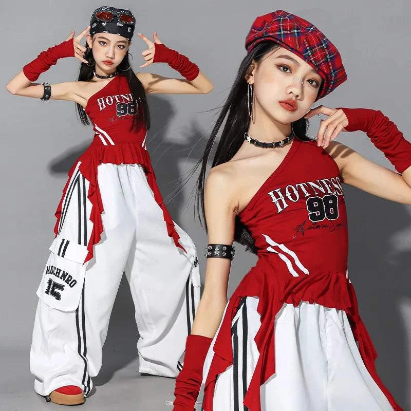 Hip Hop Girls One-shoulder Crop Top ‌Balloon Skirt Cargo Pants Children Streetwear Girl Group Costumes Kids K-pop Clothes Sets otakupop.store