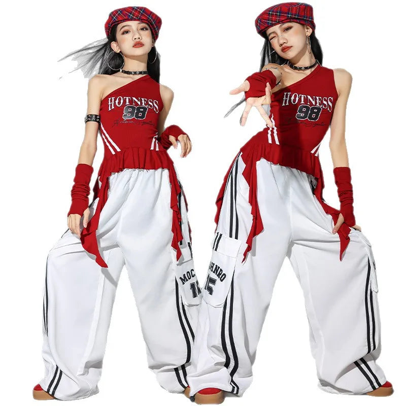 Hip Hop Girls One-shoulder Crop Top ‌Balloon Skirt Cargo Pants Children Streetwear Girl Group Costumes Kids K-pop Clothes Sets otakupop.store