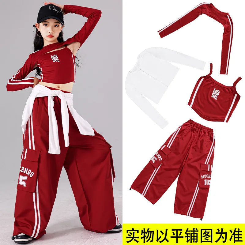Girls K-pop Crop Top Joggers Cargo Pants Children Hip Hop Streetwear Girl Group Clothes Sets Kids Street Dance Jazz Costumes otakupop.store