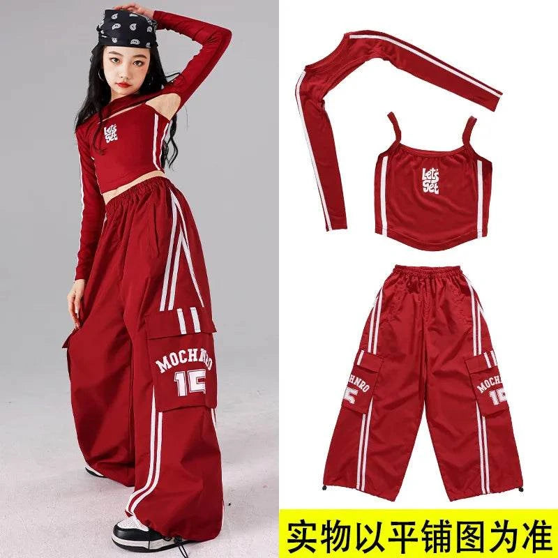 Girls K-pop Crop Top Joggers Cargo Pants Children Hip Hop Streetwear Girl Group Clothes Sets Kids Street Dance Jazz Costumes otakupop.store