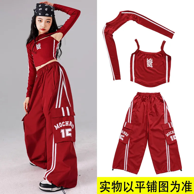 Girls K-pop Crop Top Joggers Cargo Pants Children Hip Hop Streetwear Girl Group Clothes Sets Kids Street Dance Jazz Costumes otakupop.store