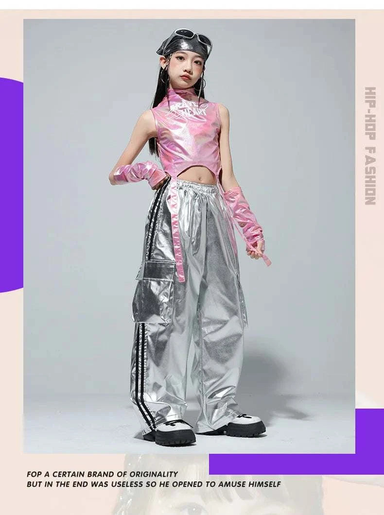Kids Street Dance Jazz Performance Costumes Girls Hip Hop Clothes Fashion Catwalk Stage Shiny Sleeveless Crop Top Long Pant Suit otakupop.store