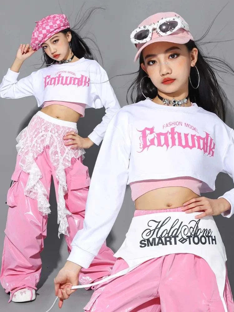 Jazz Dance Clothes For Girls Kpop Outfit Hip Hop Performance Wear Pink Shuffle Pants Kid Street Dance Show Fashion Suit New otakupop.store