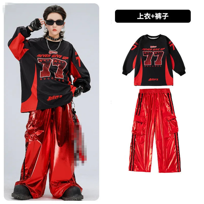 Boys Hip Hop Sweatshirt Shiny Vest Street Dance Cargo Pants Girls K-pop Clothes Set Kid Hip Hop Jazz Costume Children Streetwear otakupop.store