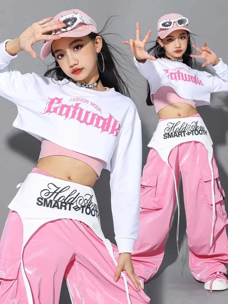 Jazz Dance Clothes For Girls Kpop Outfit Hip Hop Performance Wear Pink Shuffle Pants Kid Street Dance Show Fashion Suit New otakupop.store