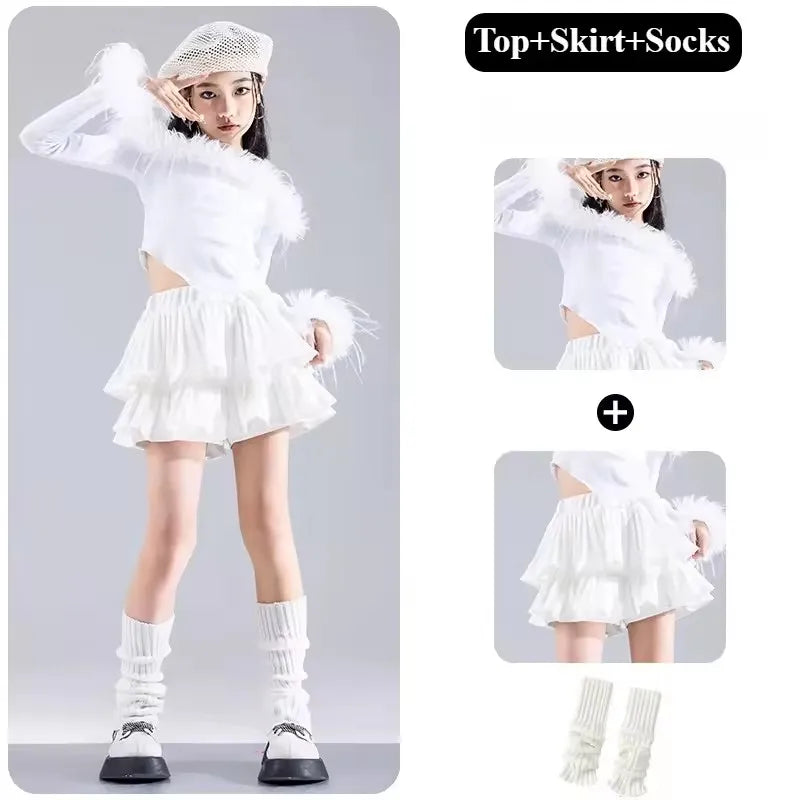 Girls Jazz Dance Performance Suit Kids Hip Hop Stage Wear Kpop Fashion Clothes White Coat Jacket White Pants Steetwear otakupop.store