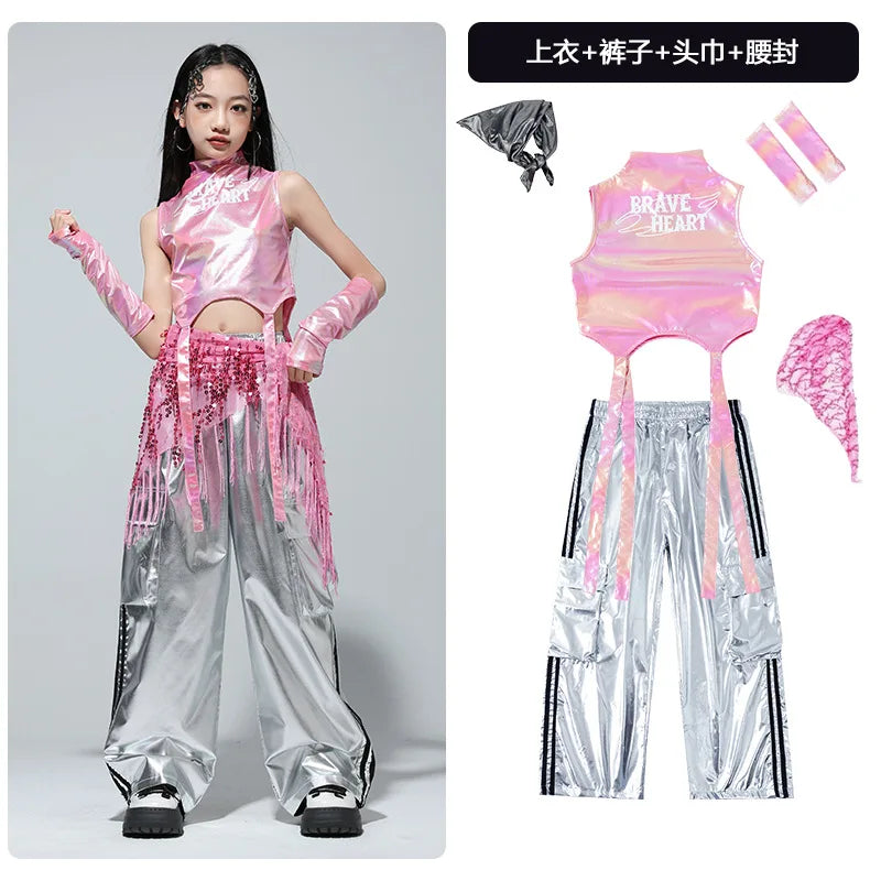Kids Street Dance Jazz Performance Costumes Girls Hip Hop Clothes Fashion Catwalk Stage Shiny Sleeveless Crop Top Long Pant Suit otakupop.store