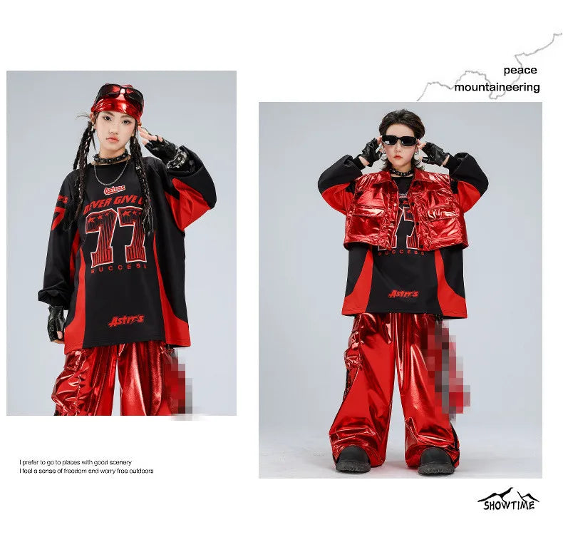 Boys Hip Hop Sweatshirt Shiny Vest Street Dance Cargo Pants Girls K-pop Clothes Set Kid Hip Hop Jazz Costume Children Streetwear otakupop.store