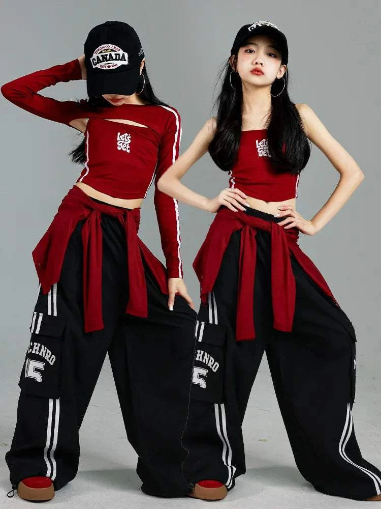 Girls K-pop Crop Top Joggers Cargo Pants Children Hip Hop Streetwear Girl Group Clothes Sets Kids Street Dance Jazz Costumes otakupop.store