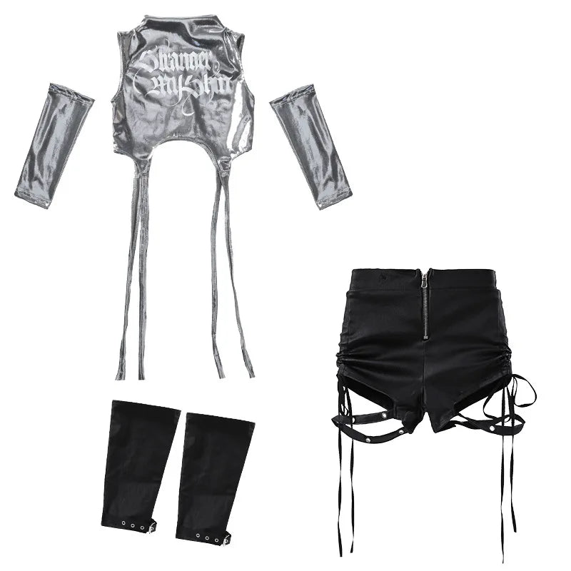 Girls Hip Hop Sets K-pop Silver Riband Crop Top Street Dance Leather Pants Kids Streetwear Child Jazz Costume Girl Group Clothes otakupop.store