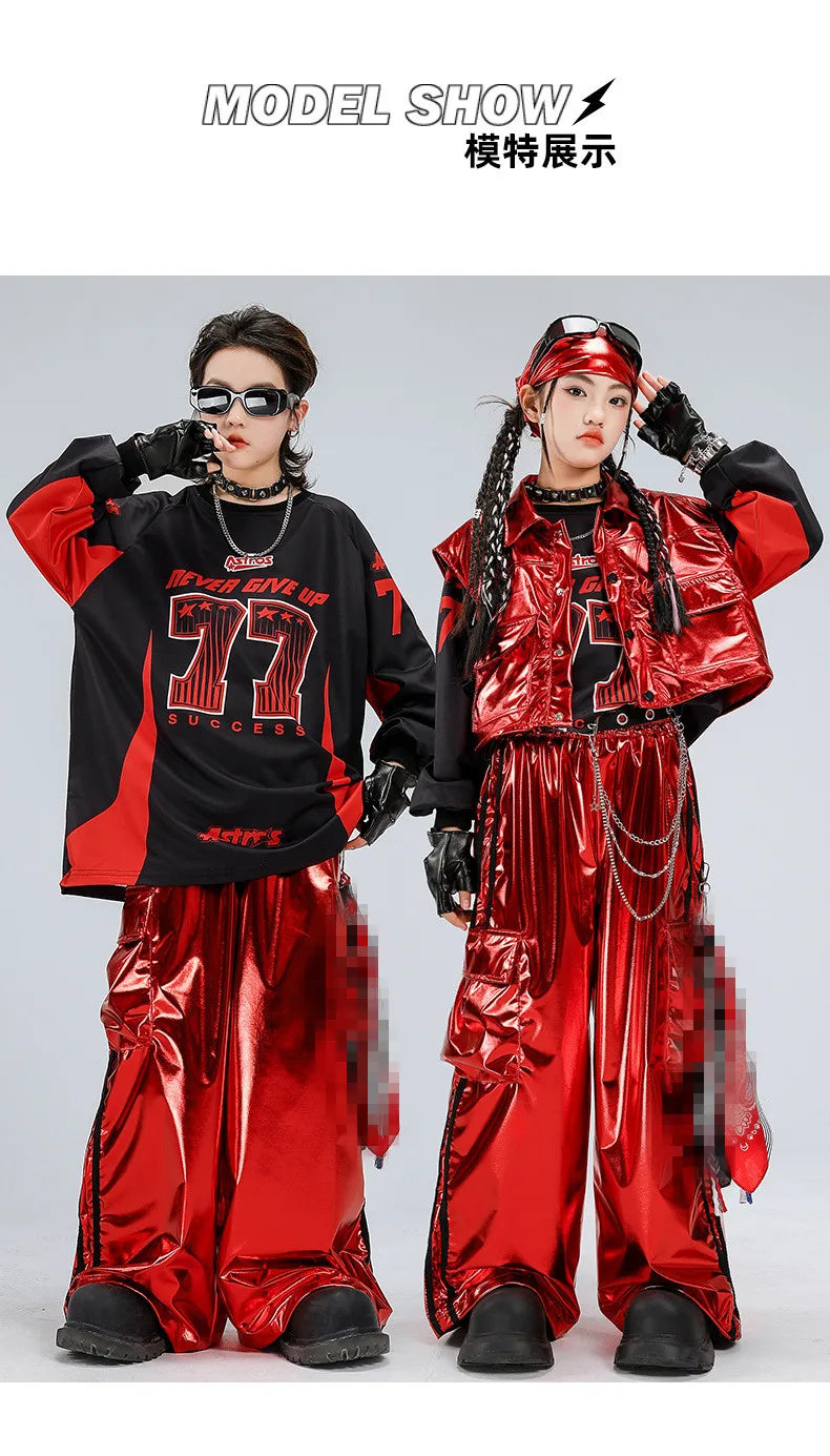 Boys Hip Hop Sweatshirt Shiny Vest Street Dance Cargo Pants Girls K-pop Clothes Set Kid Hip Hop Jazz Costume Children Streetwear otakupop.store