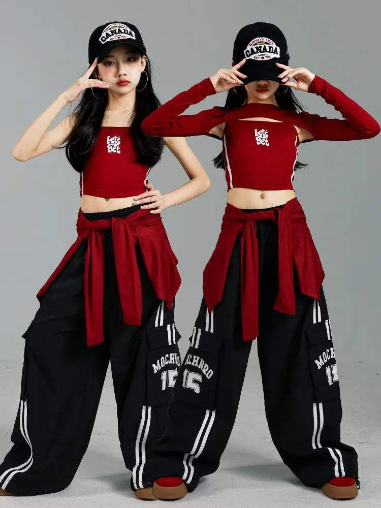 Girls K-pop Crop Top Joggers Cargo Pants Children Hip Hop Streetwear Girl Group Clothes Sets Kids Street Dance Jazz Costumes otakupop.store
