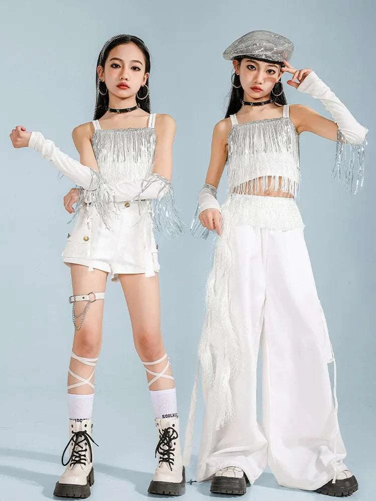 Hip Hop Clothing Girl Crop Sequined T-shirts Girls White Pants K-pop Hot Shorts Kids Streetwear Child Jazz Dance Clothes Set otakupop.store