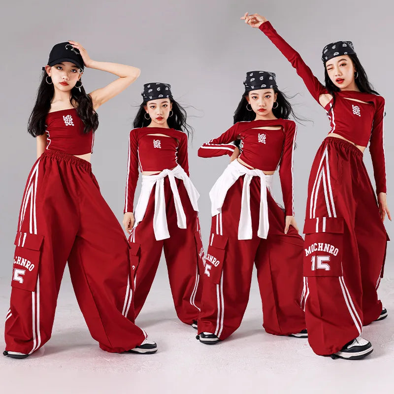 Girls K-pop Crop Top Joggers Cargo Pants Children Hip Hop Streetwear Girl Group Clothes Sets Kids Street Dance Jazz Costumes otakupop.store