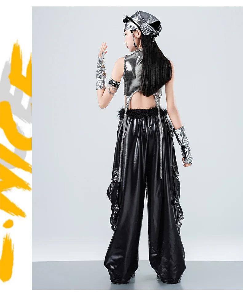 Girls Hip Hop Sets K-pop Silver Riband Crop Top Street Dance Leather Pants Kids Streetwear Child Jazz Costume Girl Group Clothes otakupop.store
