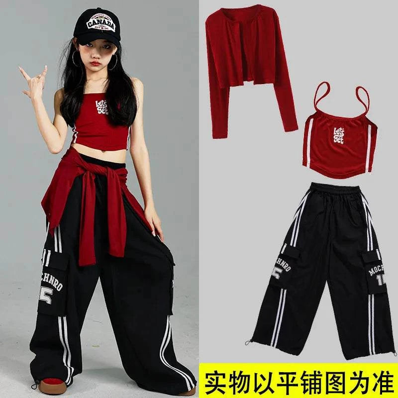Girls K-pop Crop Top Joggers Cargo Pants Children Hip Hop Streetwear Girl Group Clothes Sets Kids Street Dance Jazz Costumes otakupop.store