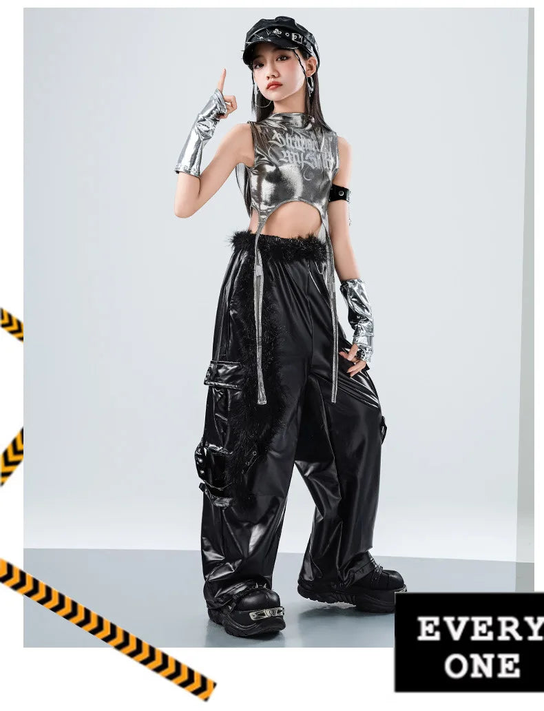 Girls Hip Hop Sets K-pop Silver Riband Crop Top Street Dance Leather Pants Kids Streetwear Child Jazz Costume Girl Group Clothes otakupop.store