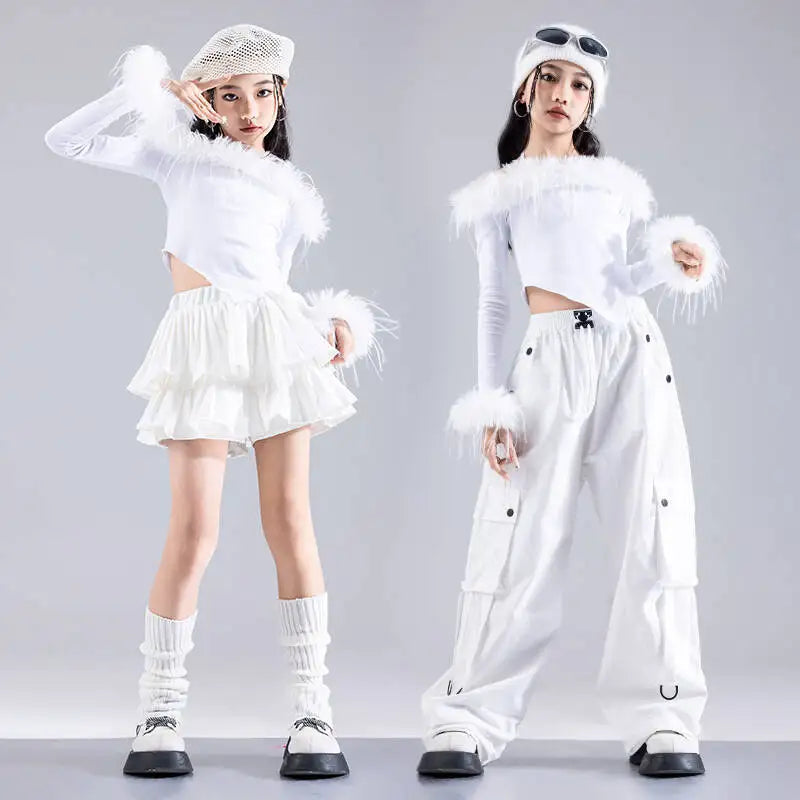 Girls Jazz Dance Performance Suit Kids Hip Hop Stage Wear Kpop Fashion Clothes White Coat Jacket White Pants Steetwear otakupop.store