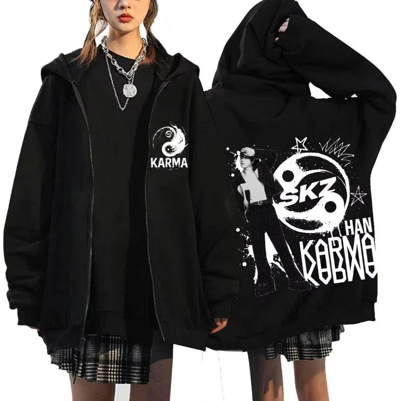 KPOP The 4th Album KARMA FELIX HAN BANGCHAN CHANGBIN HYUNJIN SEUNGMIN LEE KNOW Zip Up Women/Men Hoodie Sweatshirt Couple Clothes otakupop.store