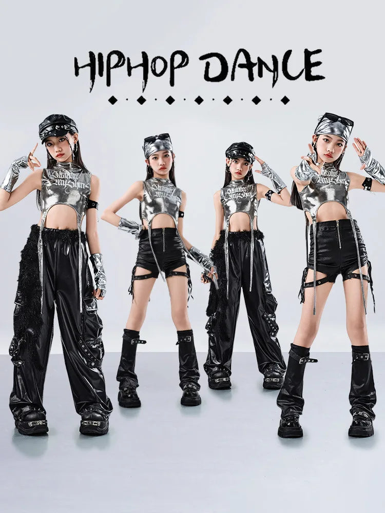 Girls Hip Hop Sets K-pop Silver Riband Crop Top Street Dance Leather Pants Kids Streetwear Child Jazz Costume Girl Group Clothes otakupop.store