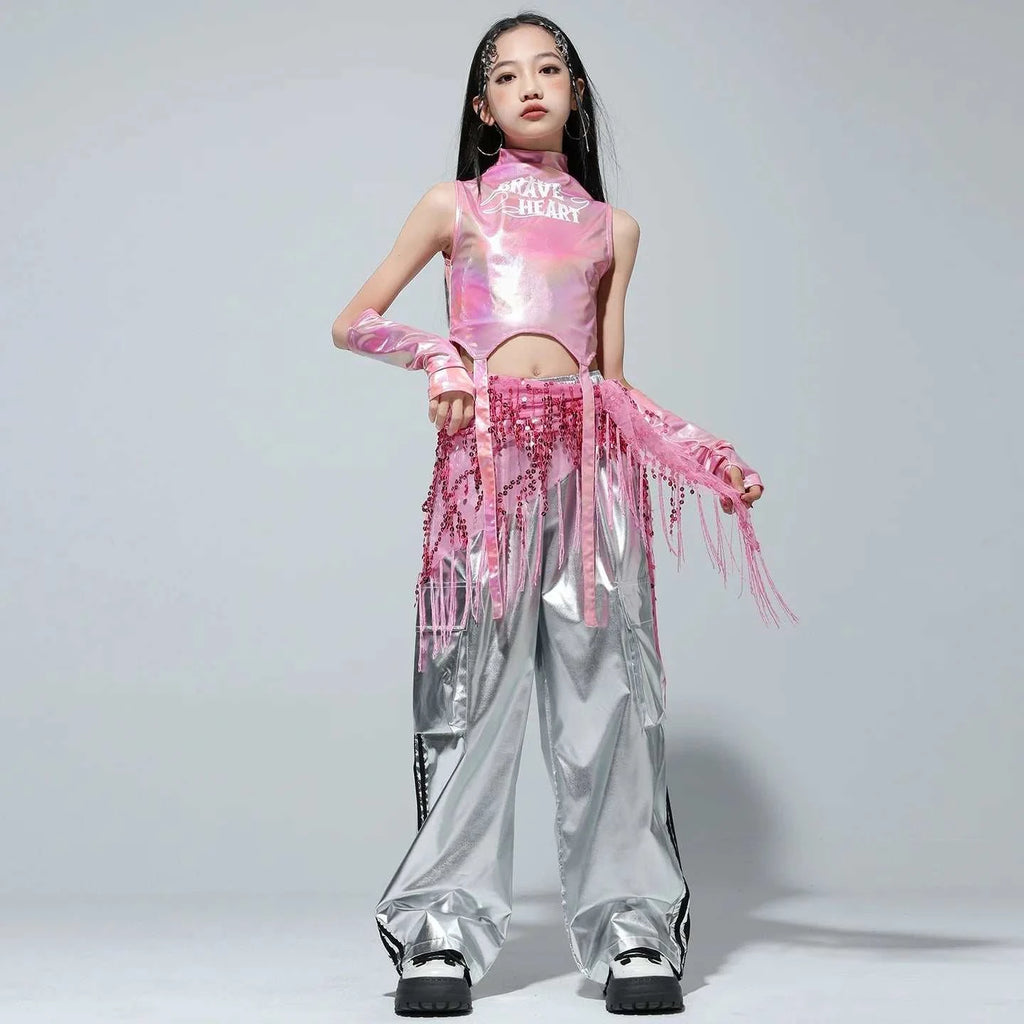 Kids Street Dance Jazz Performance Costumes Girls Hip Hop Clothes Fashion Catwalk Stage Shiny Sleeveless Crop Top Long Pant Suit otakupop.store
