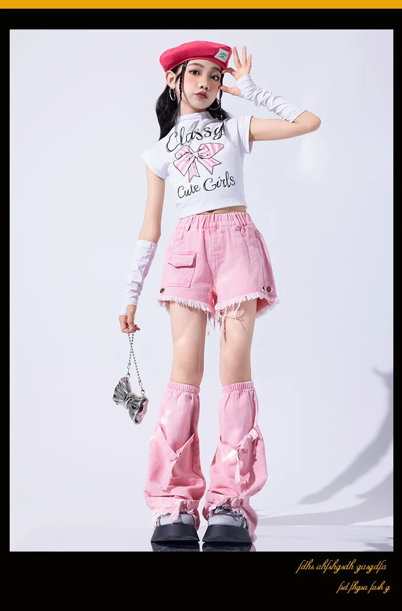 Girls K-pop Elegant Crop Top Cargo Pants Children Hip Hop Jazz Dance Shorts Kids Sweet Streetwear Costume Princess Clothes Sets otakupop.store