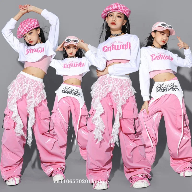 Jazz Dance Clothes For Girls Kpop Outfit Hip Hop Performance Wear Pink Shuffle Pants Kid Street Dance Show Fashion Suit New otakupop.store