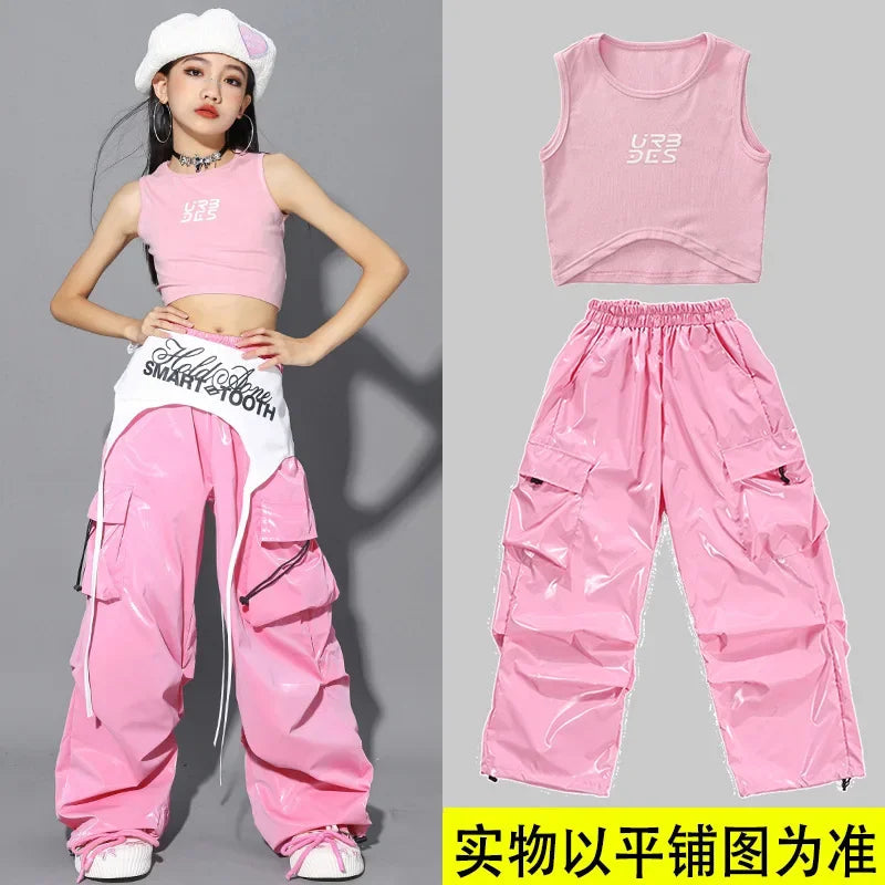Jazz Dance Clothes For Girls Kpop Outfit Hip Hop Performance Wear Pink Shuffle Pants Kid Street Dance Show Fashion Suit New otakupop.store