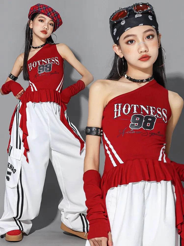 Hip Hop Girls One-shoulder Crop Top ‌Balloon Skirt Cargo Pants Children Streetwear Girl Group Costumes Kids K-pop Clothes Sets otakupop.store