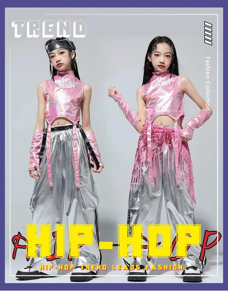 Kids Street Dance Jazz Performance Costumes Girls Hip Hop Clothes Fashion Catwalk Stage Shiny Sleeveless Crop Top Long Pant Suit otakupop.store