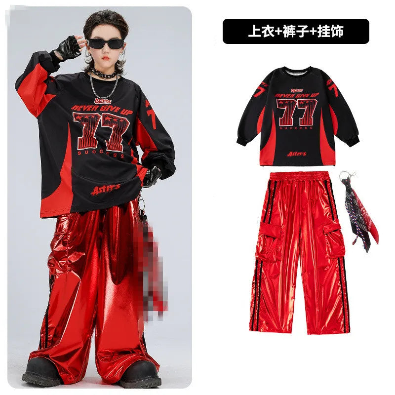 Boys Hip Hop Sweatshirt Shiny Vest Street Dance Cargo Pants Girls K-pop Clothes Set Kid Hip Hop Jazz Costume Children Streetwear otakupop.store