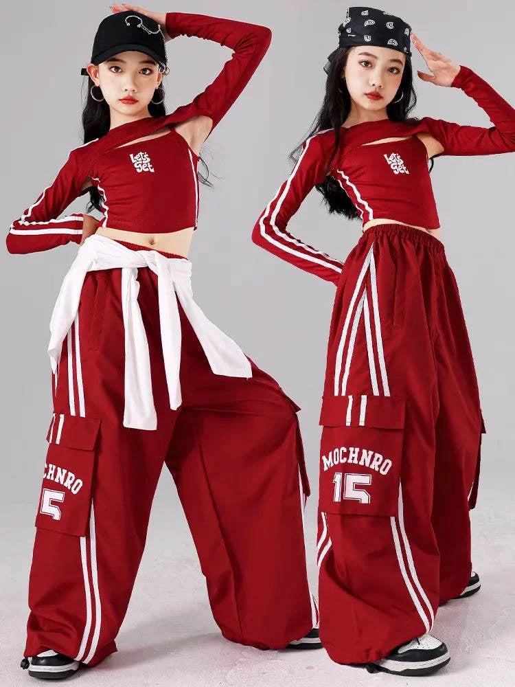 Girls K-pop Crop Top Joggers Cargo Pants Children Hip Hop Streetwear Girl Group Clothes Sets Kids Street Dance Jazz Costumes otakupop.store