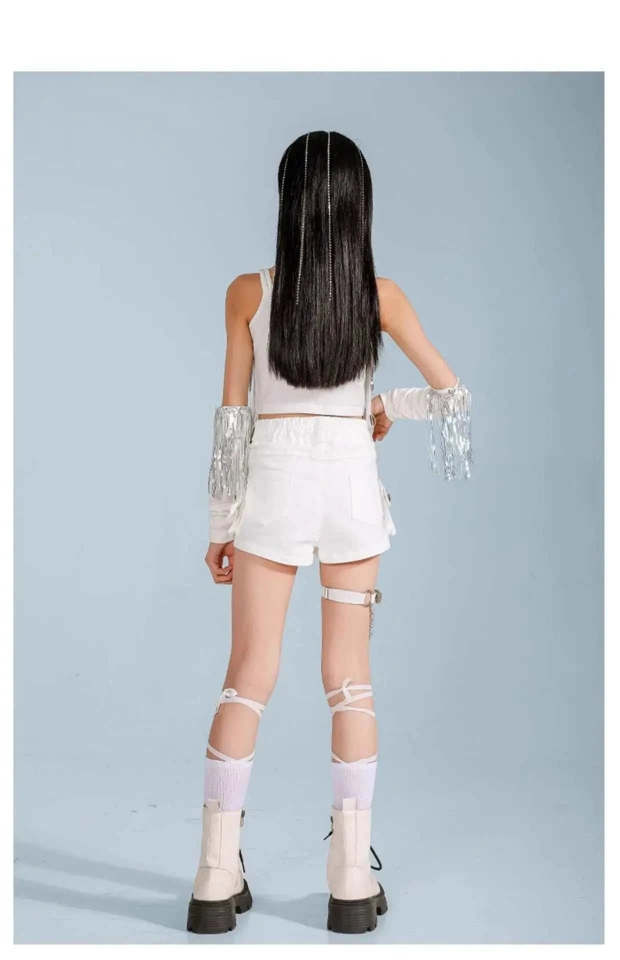 Hip Hop Clothing Girl Crop Sequined T-shirts Girls White Pants K-pop Hot Shorts Kids Streetwear Child Jazz Dance Clothes Set otakupop.store